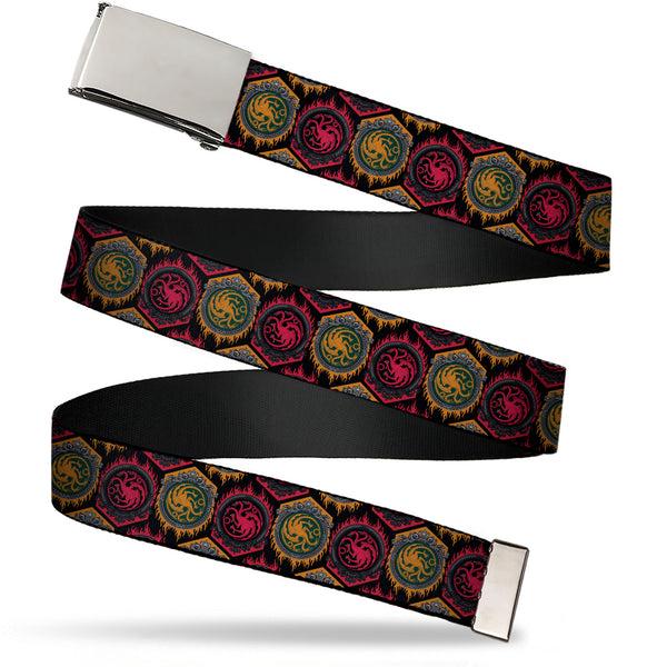 Buckle-Down Web Belt Blank Chrome Buckle - House of the Dragon Targaryen Sigil Flip Black/Red/Orange Webbing