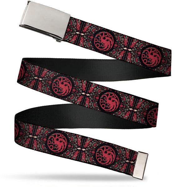 Buckle-Down Web Belt Blank Chrome Buckle - House of the Dragon Targaryen Sigil Four-Legged Dragon Black/Red/Grays Webbing
