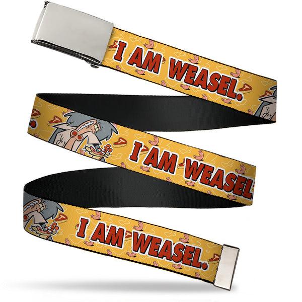 Buckle-Down Web Belt Blank Chrome Buckle - I AM WEASEL Title Logo with IM Weasel and IR Baboon Pose Yellows Webbing