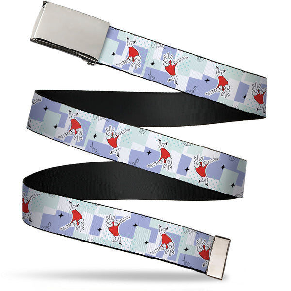 Buckle-Down Web Belt Blank Chrome Buckle - Johnny Bravo Hands Up Pose and Stars White/Grays/Blues Webbing
