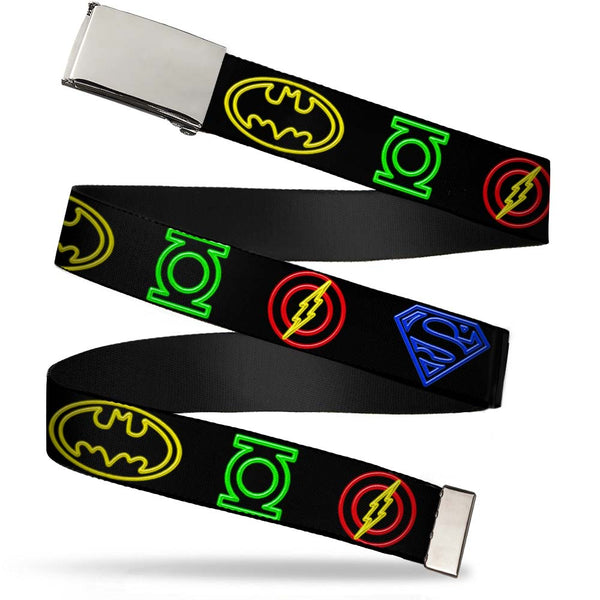 Buckle-Down Web Belt Blank Chrome Buckle - Justice League Electric Logos Black/Multi Neon Webbing