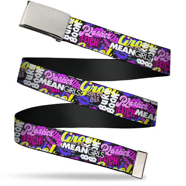 Buckle-Down Web Belt Blank Chrome Buckle - Mean Girls Catch Phrases Collage Black/Multi Color Webbing
