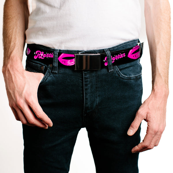 Buckle-Down Web Belt Blank Chrome Buckle - Mean Girls PLASTICS Kisses Black/Pink Webbing