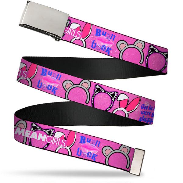 Buckle-Down Web Belt Blank Chrome Buckle - MEAN GIRLS Quotes and Plastics Animal Ears Collage Pink Webbing