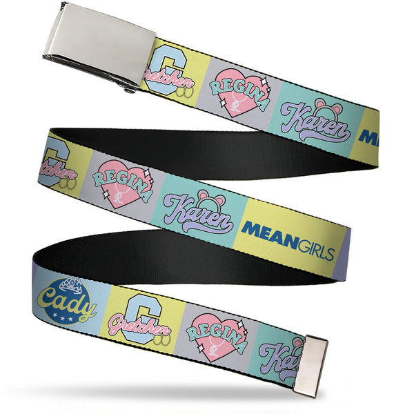 Buckle-Down Web Belt Blank Chrome Buckle - Mean Girls the Plastics Icon Blocks Multi Pastel Webbing