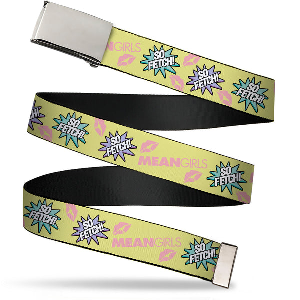 Buckle-Down Web Belt Blank Chrome Buckle - MEAN GIRLS Title Logo SO FETCH Quote Collage Yellow/Pink/Blue Webbing