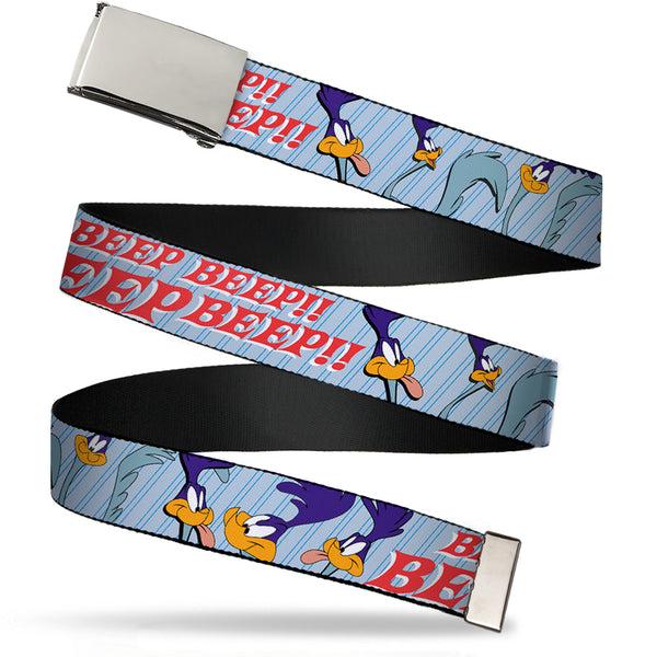 Buckle-Down Web Belt Blank Chrome Buckle - MEEP MEEP w/Road Runner Poses Baby Blue Webbing