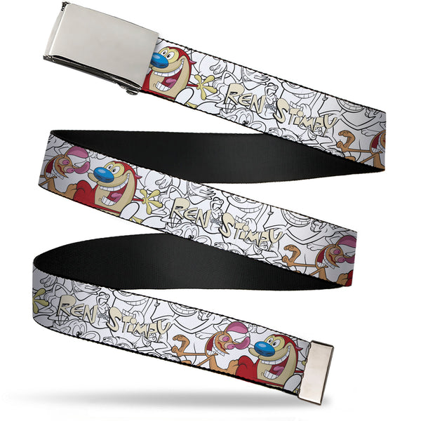 Buckle-Down Web Belt Blank Chrome Buckle - REN AND STIMPY Smiling Pose and Outline Poses White/Black Webbing