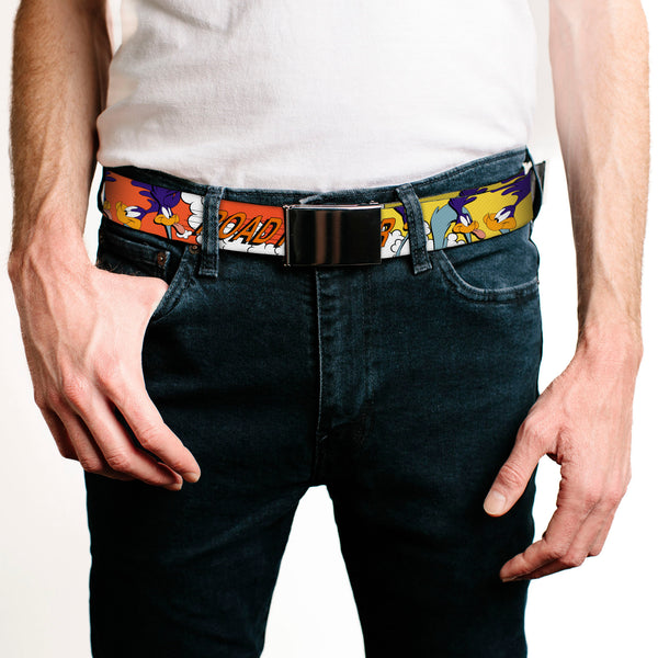 Buckle-Down Web Belt Blank Chrome Buckle - ROAD RUNNER W/Road Runner Poses Orange Webbing