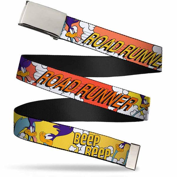 Buckle-Down Web Belt Blank Chrome Buckle - ROAD RUNNER w/Road Runner Poses Orange Webbing