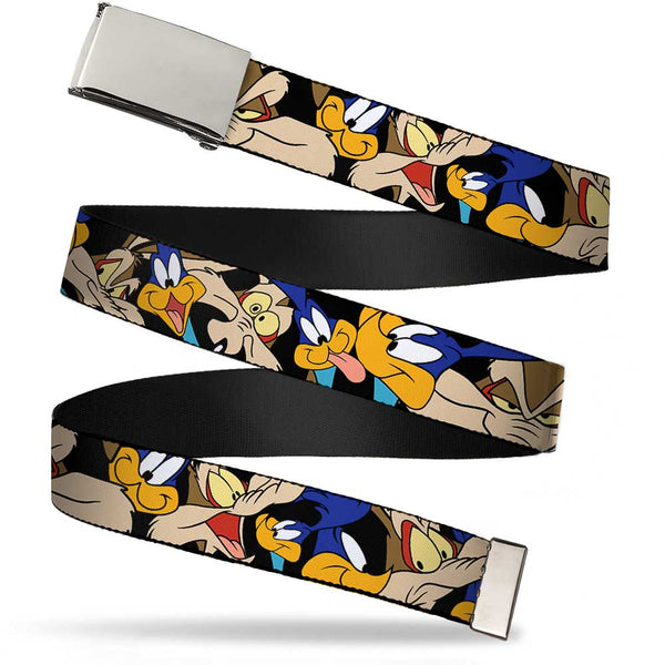 Buckle-Down Web Belt Blank Chrome Buckle - Road Runner/Wile E. Coyote Expressions Stacked Black Webbing