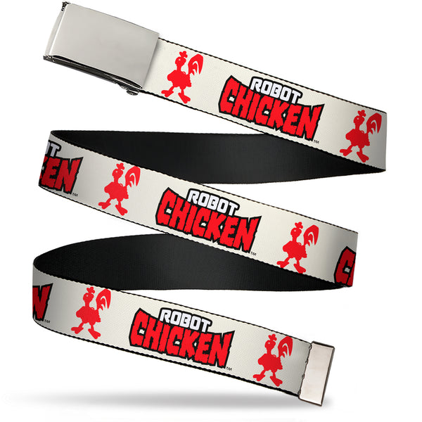 Buckle-Down Web Belt Blank Chrome Buckle - ROBOT CHICKEN Title Logo and Chicken Silhouette Ivory Webbing