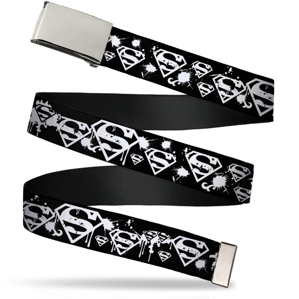 Buckle-Down Web Belt Blank Chrome Buckle - Superman Shield Splatter Black/White Webbing
