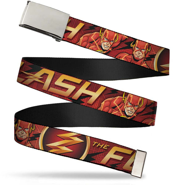 Buckle-Down Web Belt Blank Chrome Buckle - THE FLASH/Logo3/Poses Black/Red/Gold Webbing