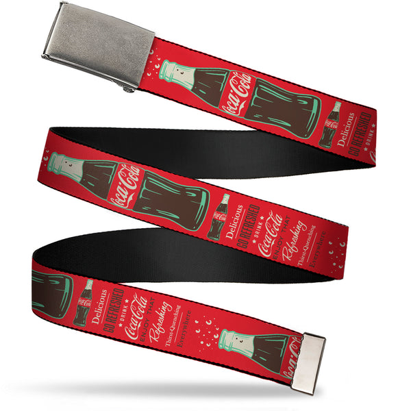 Buckle-Down Web Belt Blank Chrome Buckle - Vintage Coca-Cola DELICIOUS GO REFRESHED Typography and Bottle Red/Brown/White Webbing
