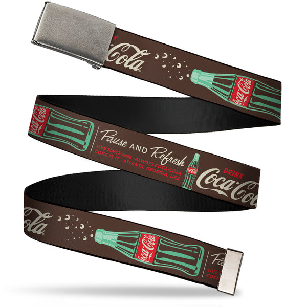 Buckle-Down Web Belt Blank Matte Buckle - Coca-Cola PAUSE AND REFRESH Typography and Bottle Brown/Red/White Webbing