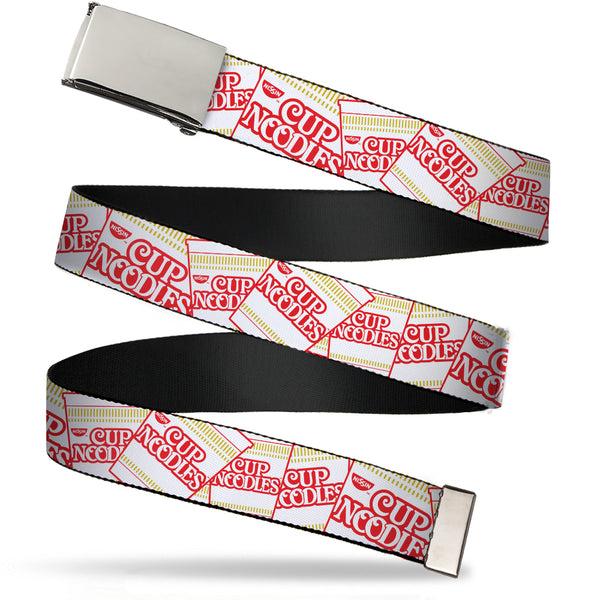 Buckle-Down Web Belt Blank Matte Buckle - Cup Noodles Cups Stacked Collage White/Gold/Red Webbing