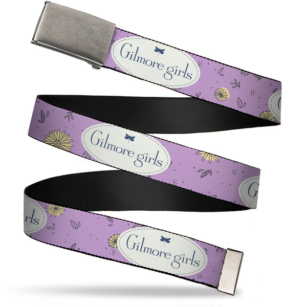 Buckle-Down Web Belt Blank Matte Buckle - GILMORE GIRLS Title Logo and Flower Petals Lavender/White/Blue Webbing