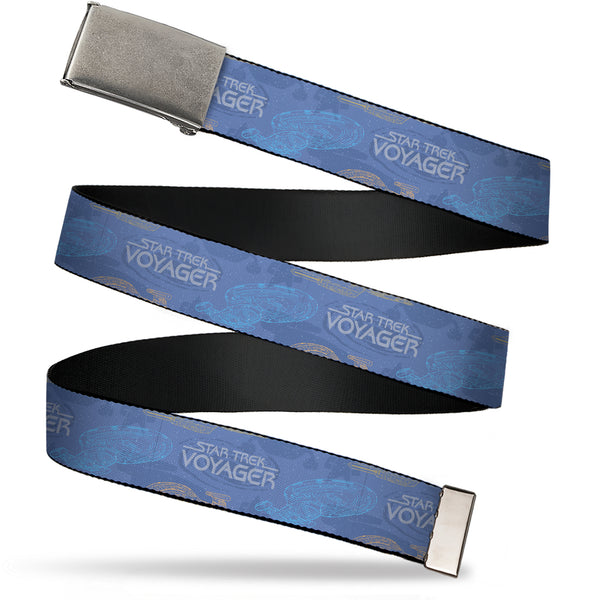 Buckle-Down Web Belt Blank Matte Buckle - STAR TREK VOYAGER Title Logo and Starfleet in Space Blues/Grays Webbing