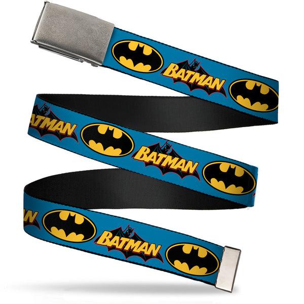 Buckle-Down Web Belt Blank Matte Buckle - Vintage Batman Logo & Bat Signal Blue Webbing