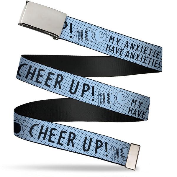 Buckle-Down Web Belt Clamp Buckle - CHARLIE BROWN Poses and Quotes Baby Blue/Black Webbing