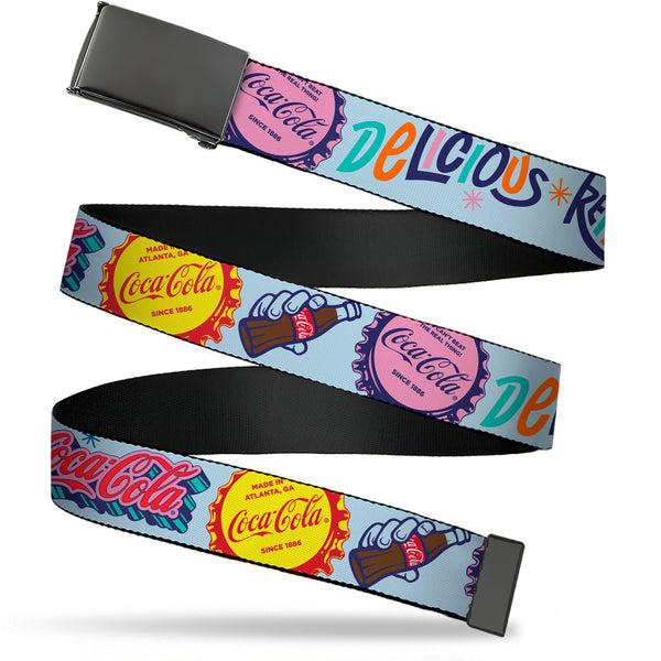 Buckle-Down Web Belt Clamp Buckle - COCA-COLA DELICIOUS REFRESHING ENJOY Bottle Caps Light Blue/Multi Color Webbing