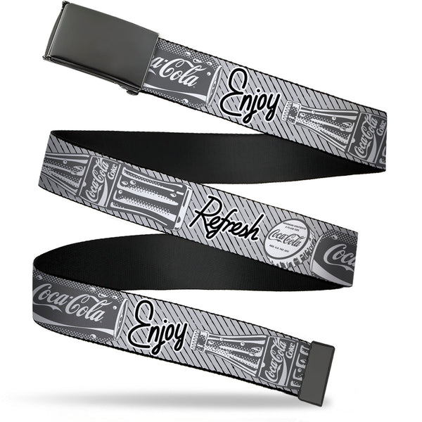 Buckle-Down Web Belt Clamp Buckle - Coca-Cola ENJOY REFRESH Can and Bottle Grays/White/Black Webbing
