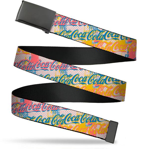 Buckle-Down Web Belt Clamp Buckle - COCA-COLA Script Logo Stacked Pop Art White/Multi Pastel Webbing