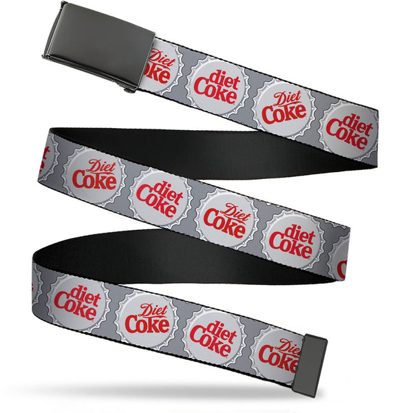 Buckle-Down Web Belt Clamp Buckle - DIET COKE Bottle Caps Grays/White/Red Webbing