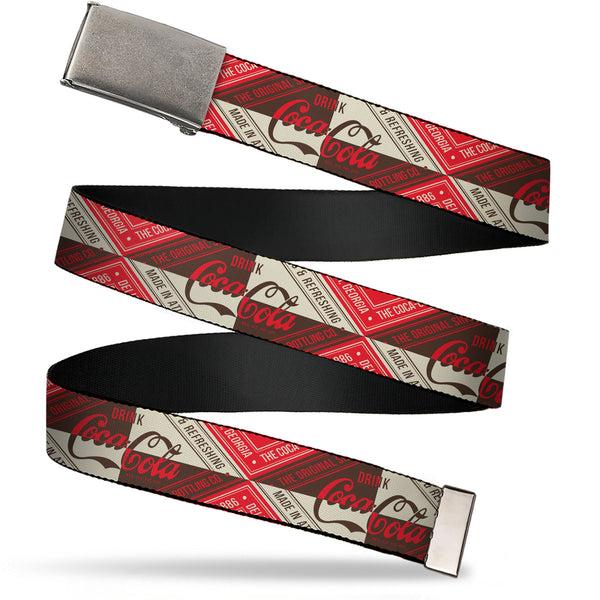 Buckle-Down Web Belt Clamp Buckle - DRINK COCA-COLA Coke Diamond Blocks Red/Brown/Beige Webbing
