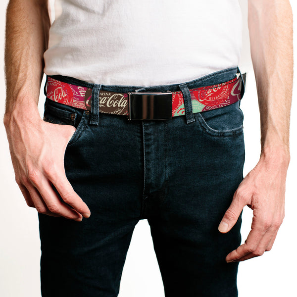 Buckle-Down Web Belt Clamp Buckle - DRINK COCA-COLA Coke Patches Stacked Reds/Multi Color Webbing