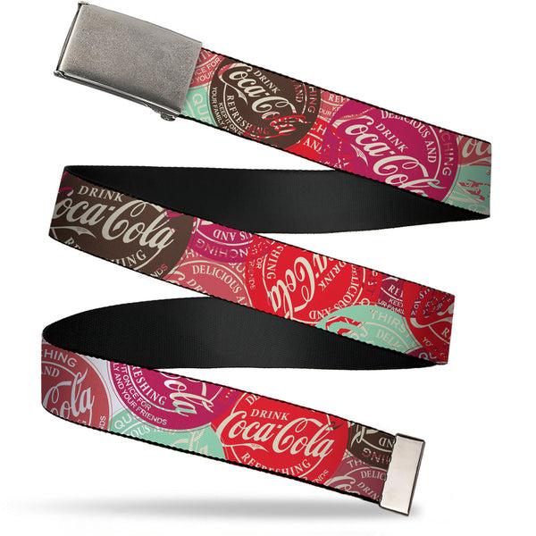Buckle-Down Web Belt Clamp Buckle - DRINK COCA-COLA Coke Patches Stacked Reds/Multi Color Webbing