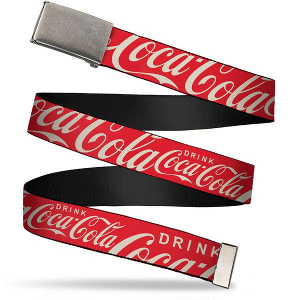 Buckle-Down Web Belt Clamp Buckle - DRINK COCA-COLA Typograpy Logo Scattered Red/White Webbing