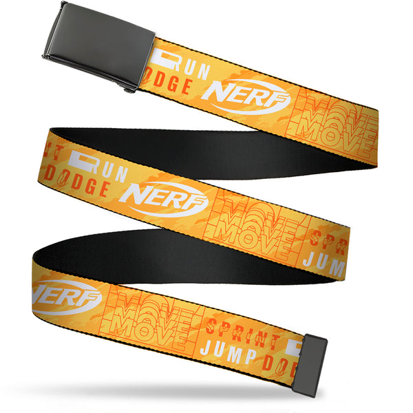 Buckle-Down Web Belt Clamp Buckle - NERF Action Verbiage Collage Yellows/Orange/White Webbing