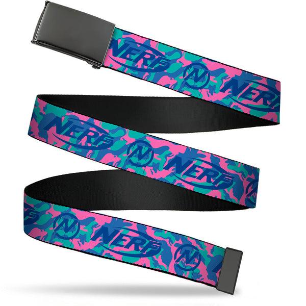 Buckle-Down Web Belt Clamp Buckle - NERF Logo and Icon Camo Blues/Pinks Webbing