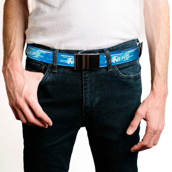 Buckle-Down Web Belt Clamp Buckle - NERF Logo Streaks Blues/White Webbing