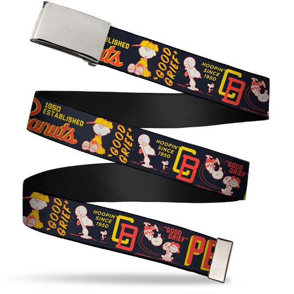 Buckle-Down Web Belt Clamp Buckle - PEANUTS ATHLETIC CLUB Varsity Poses and Quotes Collage Black/Red/Yellow Webbing