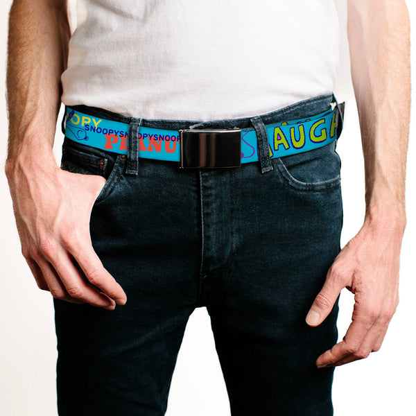 Buckle-Down Web Belt Clamp Buckle - PEANUTS Charlie Brown Snoopy And Woodstock Typography Collage Blue/Multi Color Webbing
