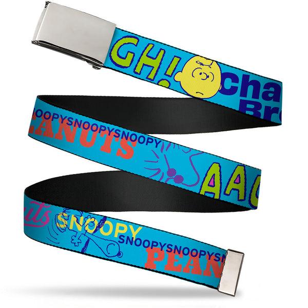 Buckle-Down Web Belt Clamp Buckle - PEANUTS Charlie Brown Snoopy and Woodstock Typography Collage Blue/Multi Color Webbing