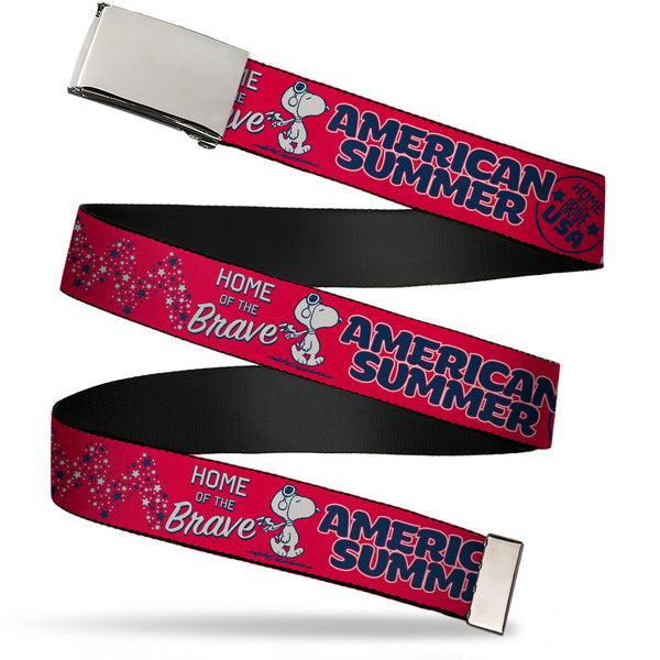 Buckle-Down Web Belt Clamp Buckle - Peanuts Gang AMERICAN SUMMER Poses Red/Blue/White Webbing