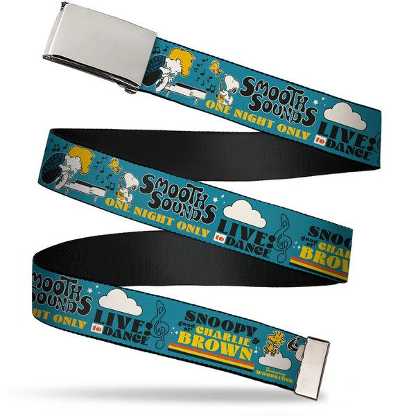 Buckle-Down Web Belt Clamp Buckle - Peanuts Gang DANCE MUSIC Poses and Quotes Blue/Multi Color Webbing
