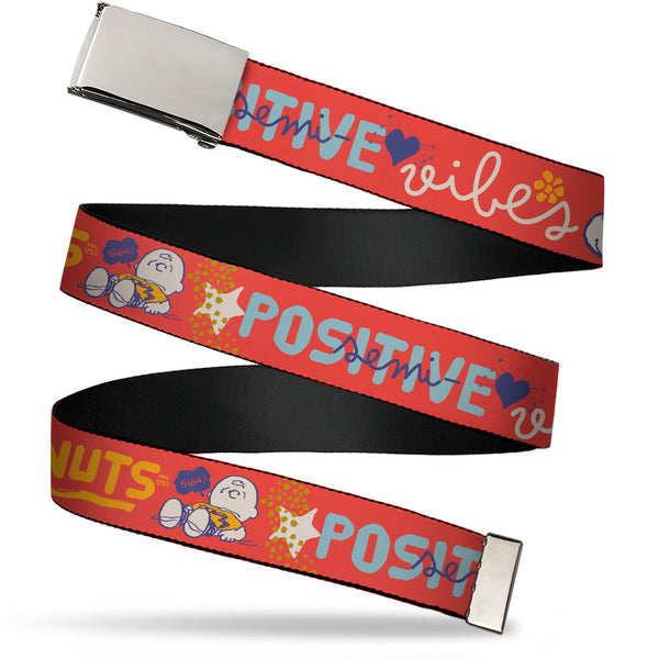 Buckle-Down Web Belt Clamp Buckle - Peanuts Gang SEMI-POSITIVE VIBES Quote Red/Blues/White Webbing