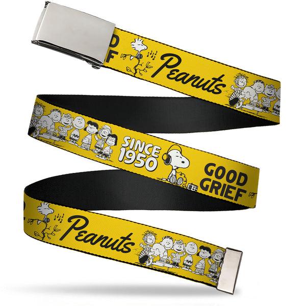 Buckle-Down Web Belt Clamp Buckle - PEANUTS Gang SINCE 1950 GOOD GRIEF Group Pose Yellow/Black Webbing
