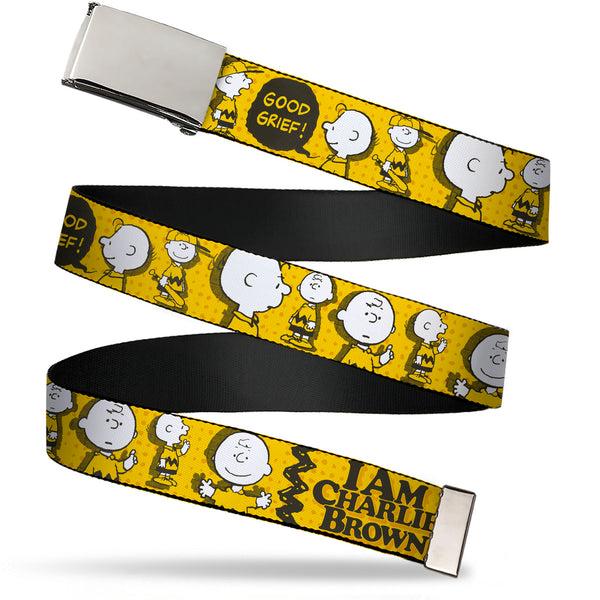 Buckle-Down Web Belt Clamp Buckle - Peanuts I AM CHARLIE BROWN Poses and Zig Zag Stripe Yellows/Black Webbing