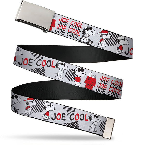 Buckle-Down Web Belt Clamp Buckle - Peanuts JOE COOL Snoopy Poses and Text Gray/Black/Red/White Webbing