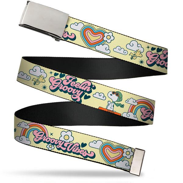 Buckle-Down Web Belt Clamp Buckle - Peanuts Snoopy Flying Ace and Woodstock GROOVY Quotes Collage Yellow Webbing