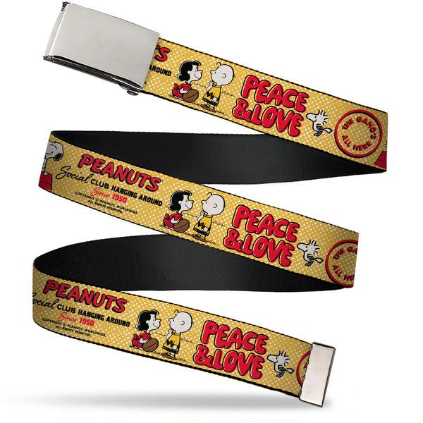Buckle-Down Web Belt Clamp Buckle - PEANUTS SOCIAL CLUB PEACE & LOVE Scenes Yellow/Red Webbing