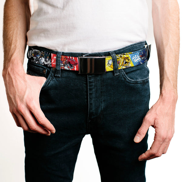 Buckle-Down Web Belt Clamp Buckle - Power Rangers Pose With Zord And Icon Blocks Multi Color Webbing