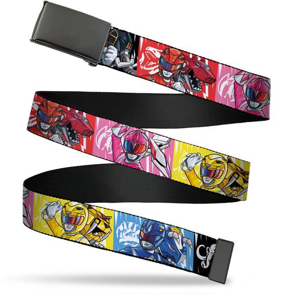 Buckle-Down Web Belt Clamp Buckle - Power Rangers Pose with Zord and Icon Blocks Multi Color Webbing