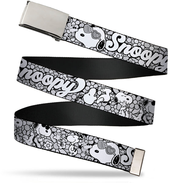 Buckle-Down Web Belt Clamp Buckle - SNOOPY Poses and Daisy Flowers Collage Black/Grays/White Webbing